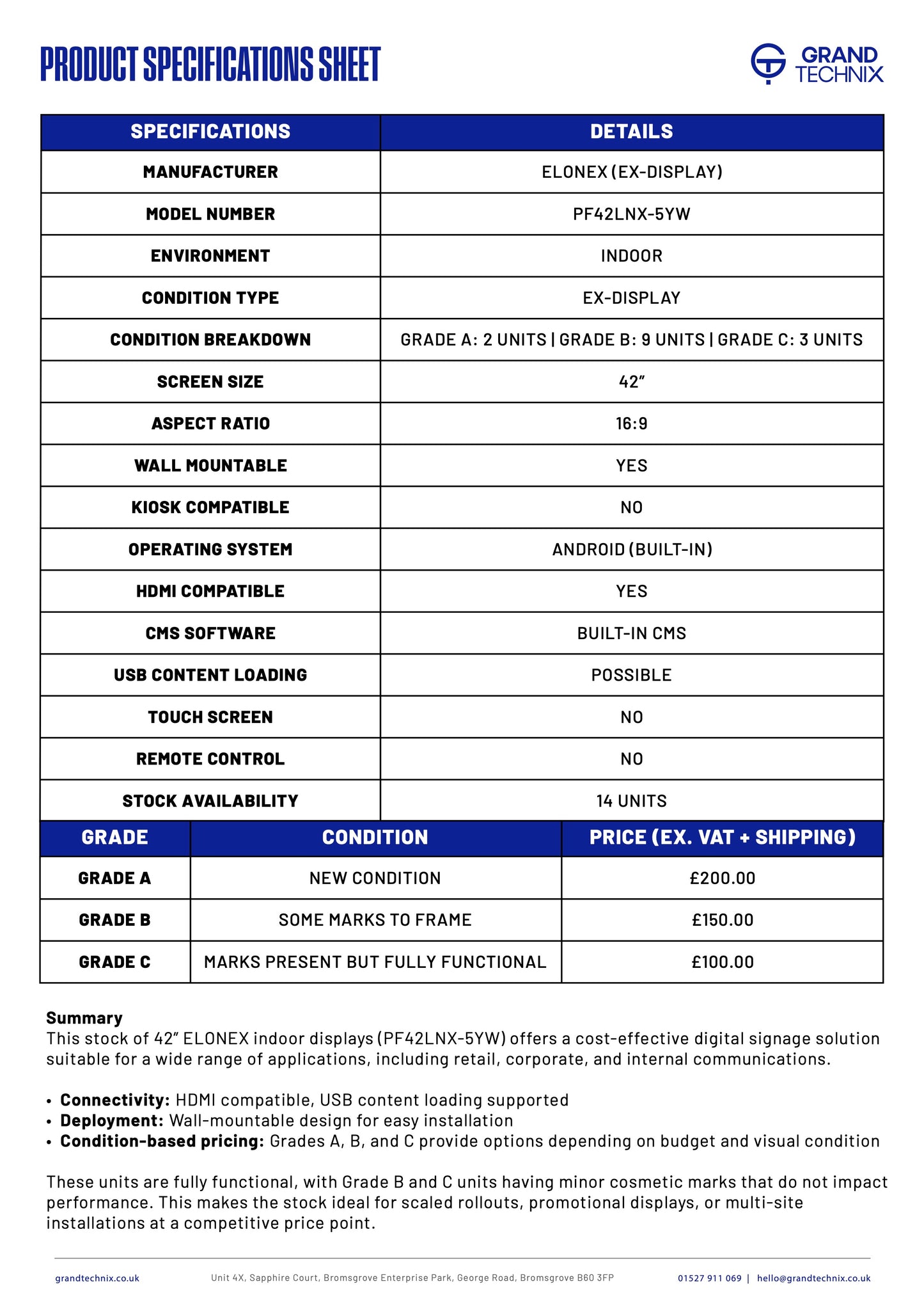 42” LCD SCREEN - PF42LNX-5YW (Ex-Display)