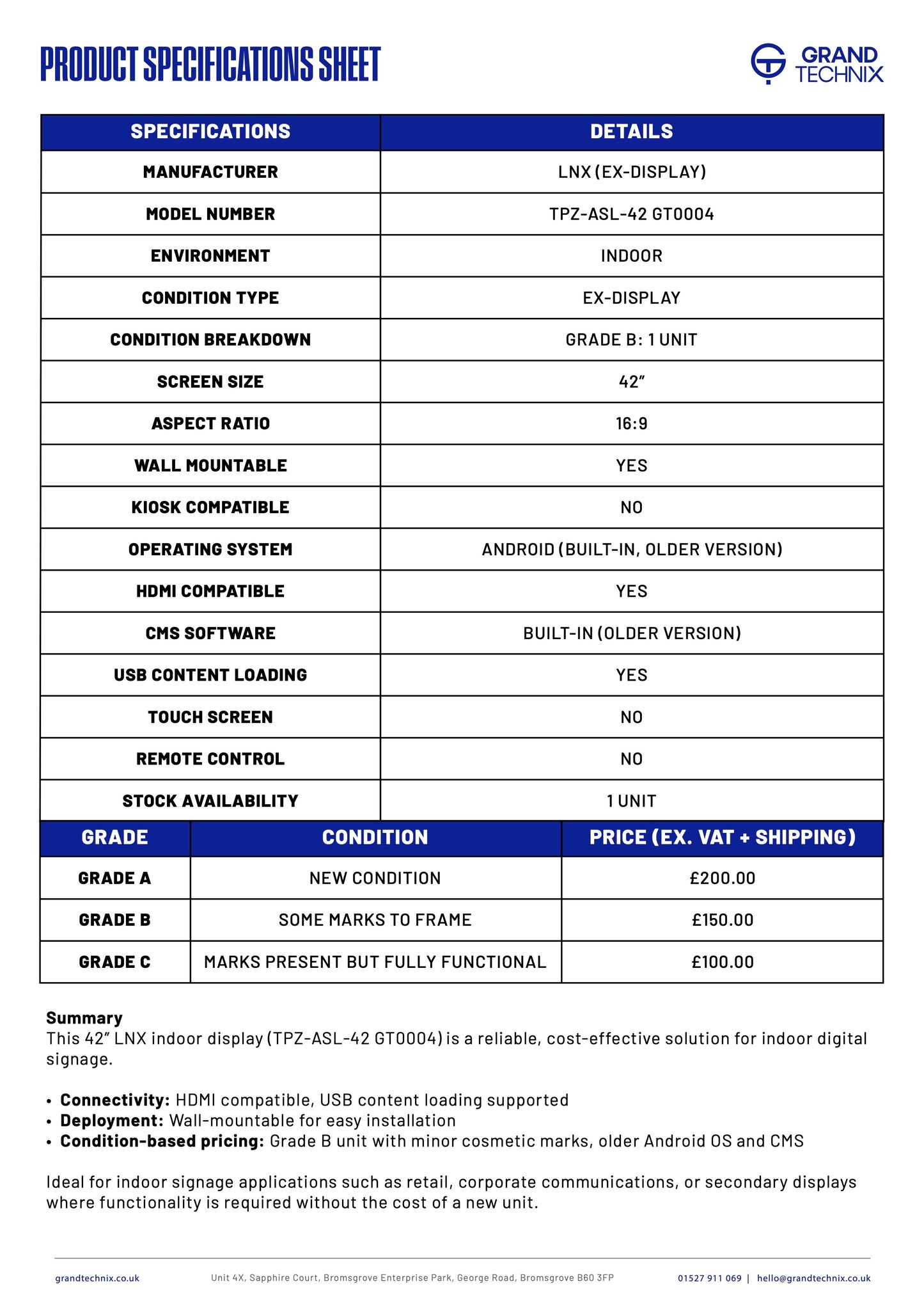 42” LCD SCREEN - TPZ-ASL-42 GT0004