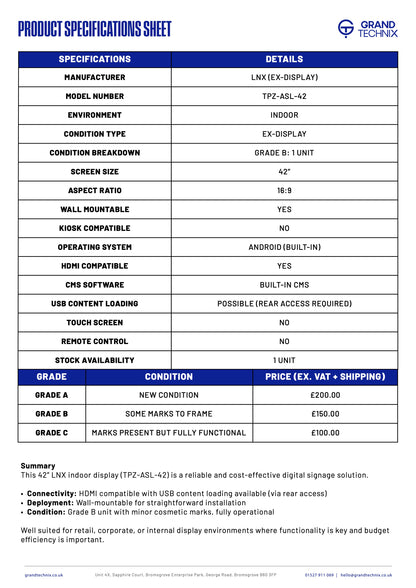 42” LCD  SCREEN - TPZ-ASL-42 (Ex-Display)