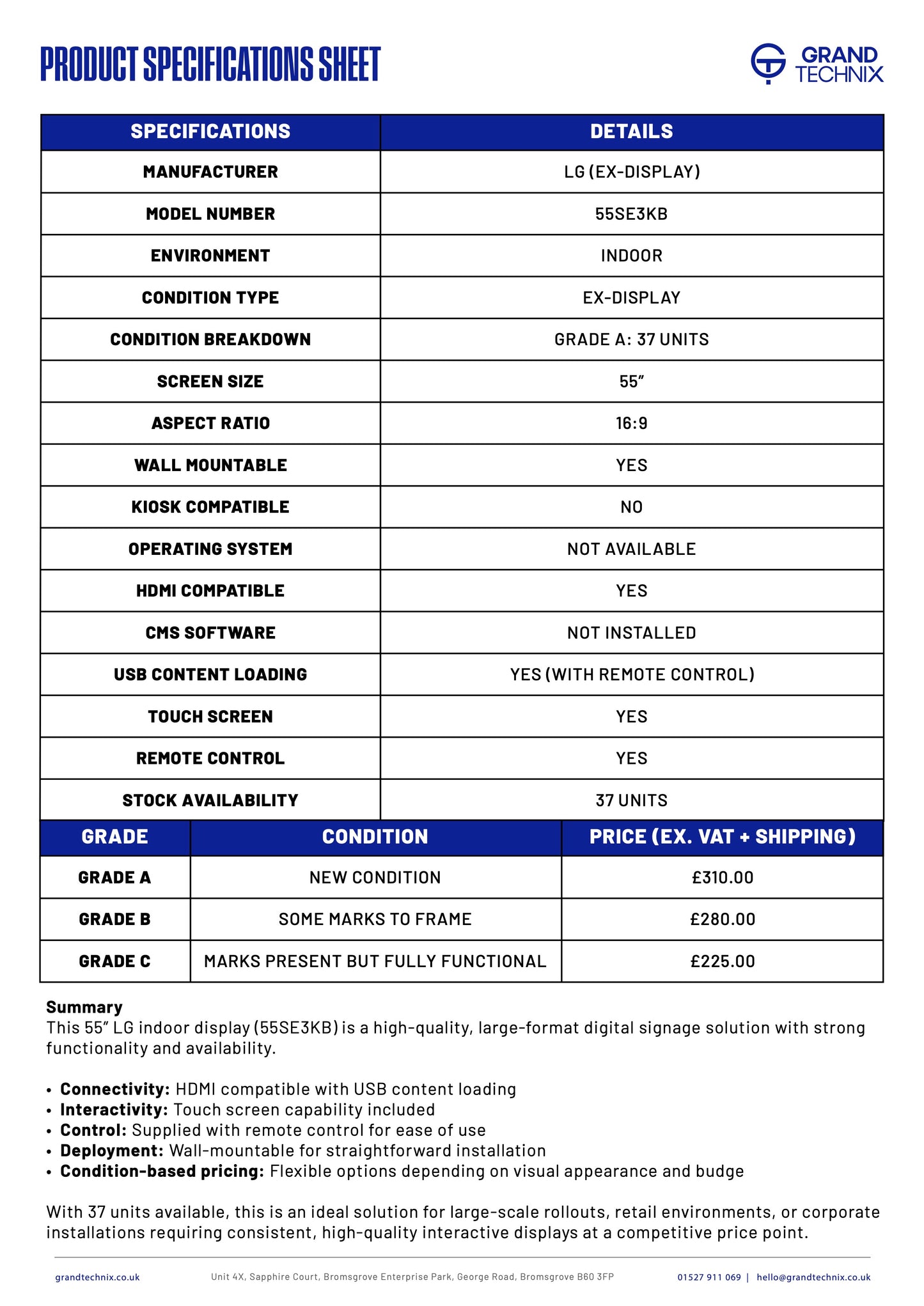 55" LCD SCREEN - 55SE3KB (Ex-Display)