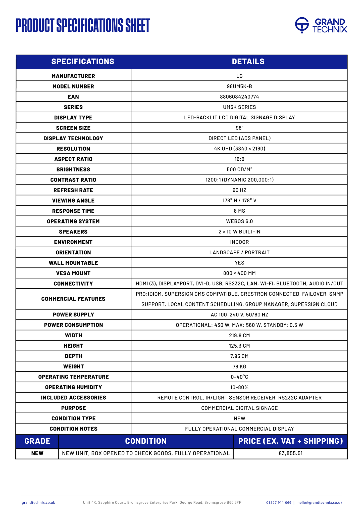 LG 98" B Series 4K Digital Signage