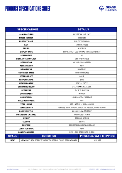 NEC 86" 4K Commercial Display