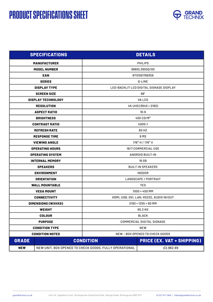 Phillips 98" Q-Line 4K UHD Display