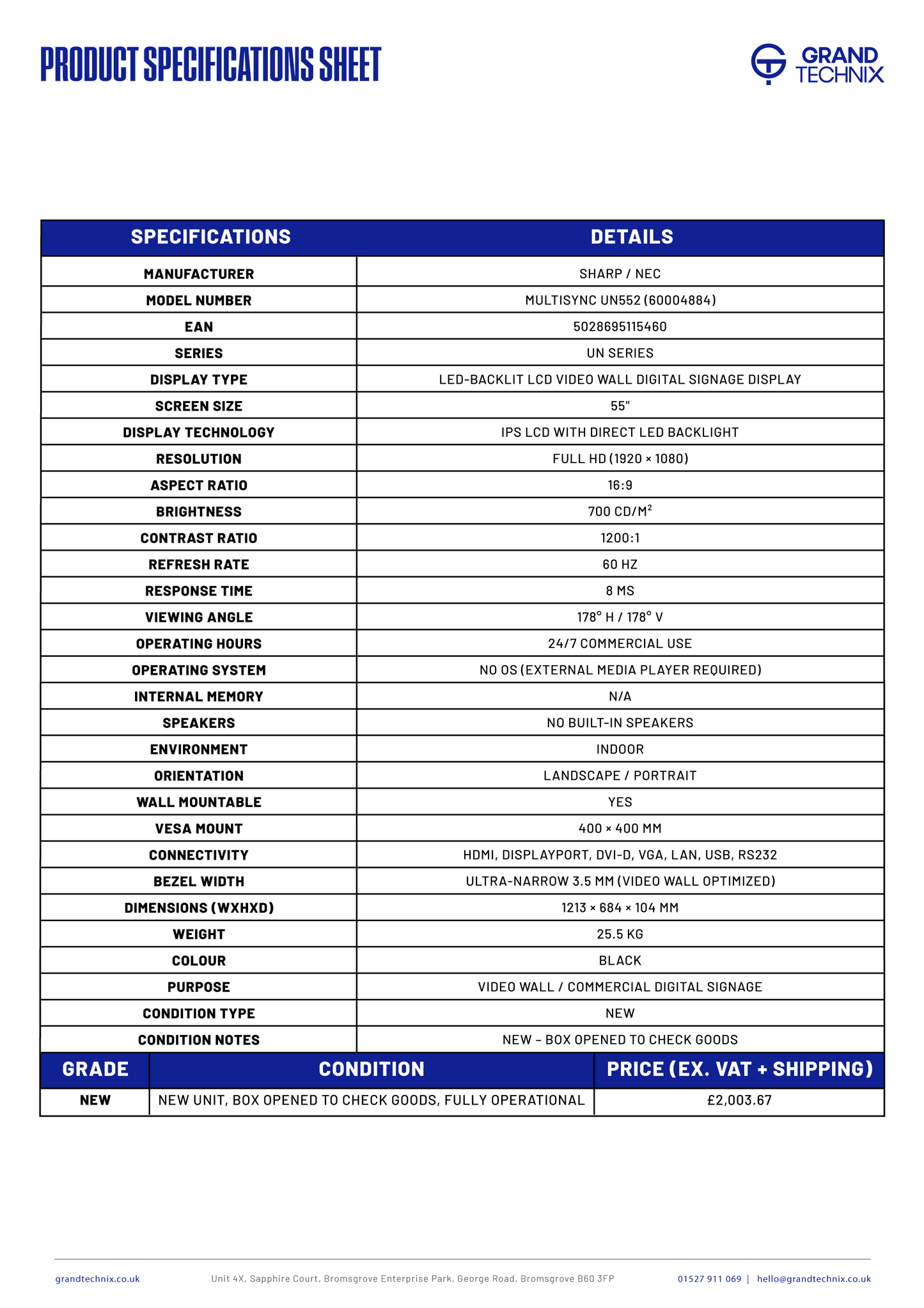 NEC UN552 55" UN Series Video Wall Display